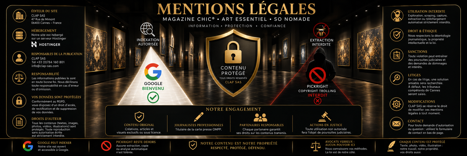 Infographie des mentions légales communes de Magazine CHIC®, Art Essentiel et So Nomade, sur fond noir et or.