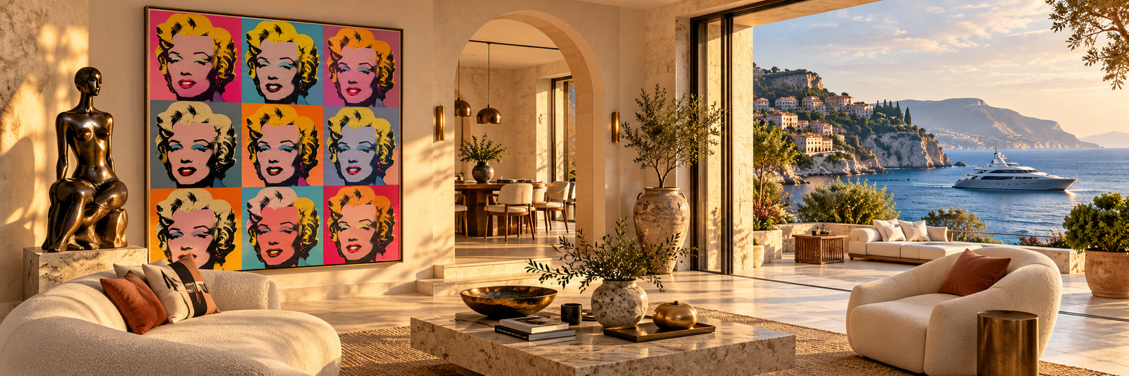 Intérieur élégant avec sculpture, portrait pop art et vue sur la Méditerranée, entre les univers d’Art Essentiel et de So Nomade.