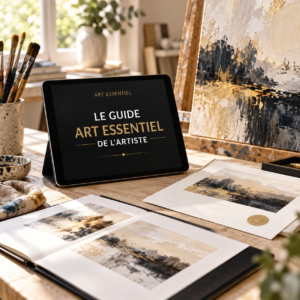 Le Guide Art Essentiel de l’Artiste affiché sur une tablette, dans un atelier avec un portfolio et un certificat d’authenticité
