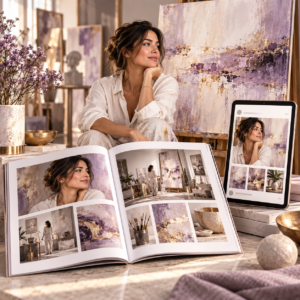 Portrait d’artiste, œuvre contemporaine, magazine ouvert et tablette illustrant la mise en avant éditoriale de la Formule Éditoriale d’Art Essentiel.