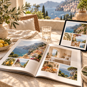 Magazine ouvert et tablette présentant des contenus de voyage So Nomade sur une terrasse méditerranéenne