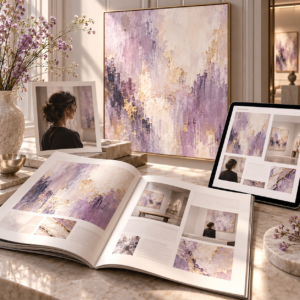 Magazine ouvert et tablette présentant une œuvre contemporaine et le portrait d’une artiste, pour illustrer la Formule Essentielle d’Art Essentiel.