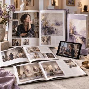 Portrait d’artiste dans un magazine ouvert, accompagné d’œuvres contemporaines, d’un catalogue et d’une tablette évoquant un entretien vidéo.