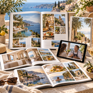 Magazines et tablette présentant des reportages sur les destinations, l’hôtellerie et la gastronomie pour la Formule Signature So Nomade